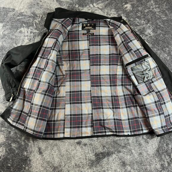 Barbour Waxed Cotton Full Zip Mock Neck Jacket Black Utility Tartan Lined 10 - Picture 9 of 15